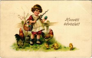 1928 Húsvéti üdvözlet / Easter greeting art postcard with eggs and chicken. EAS 5124. (EB)