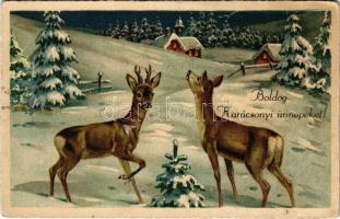 1937 Boldog Karácsonyi ünnepeket! / Christmas greeting art postcard with deer (EK)