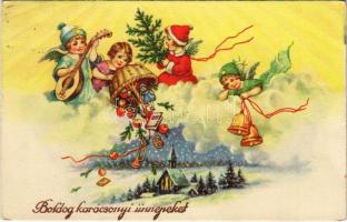 1934 Boldog karácsonyi ünnepeket! / Christmas greeting art postcard with Saint Nicholas, angels and toys. L&P 2864. (EK)
