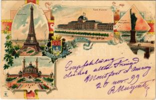 1899 (Vorläufer) Paris, Tour Eiffel, École Militaire, Statue de la Liberté, Trocadero. Art Nouveau, floral, litho with coat of arms (cut)