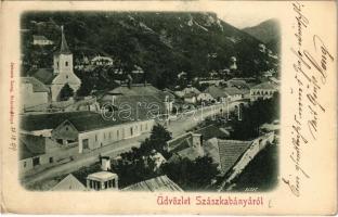 1899 (Vorläufer) Szászkabánya, Németszászka, Sasca Montana; utca, templom. Johann Lang kiadása / street, church (EK)