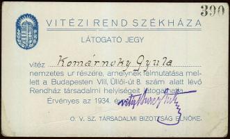 1934 Vitézi rend székháza látogatójegy
