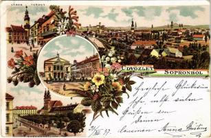 1897 (Vorläufer!) Sopron, Oedenburg; Várostorony, látkép, Színház, Széchenyi tér. Art Nouveau, floral, litho (EK)