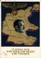 1938 März 13. Ein Volk, ein Reich, ein Führer! / Adolf Hitler, NSDAP German Nazi Party propaganda, map, swastika. 6 Ga. s: Professor Richard Klein + "Am 10. April dem Führer Dein "Ja"" So. Stpl. (EK)