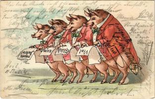 1901 Viel Glück zum neuen Jahre! / New Year greeting art postcard with pigs. litho (fa)