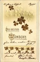 1905 Die besten Wünsche! / Art Nouveau Emb. litho greeting card with golden clovers (EK)