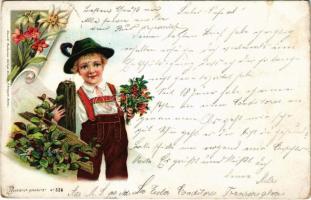 1898 (Vorläufer!) Greeting card with boy and flowers. Art Nouveau, litho (EK)