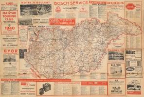 1940 A Magyar Touring Club magyarországi útállapot térképe, reklámokkal, hátoldalán korabeli Budapest fotókkal, leírásokkal több nyelven, szakadásokkal, 68×98 cm