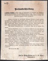 1850 Noszlopi Gáspár 1848-as honvédőrnagy és gerilla forradalmár köröző levele, személyleírása német nyelven. Foltos 23x29 cm