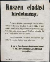 1863 Szolnok Szent István kőszén bánya társulat Kőszén eladási hirdetmény plakát 21x27 cm