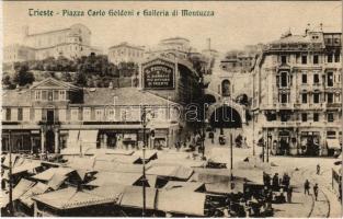 Trieste, Trieszt; Piazza Carlo Goldoni e Galleria di Montuzza / market, tram, shops