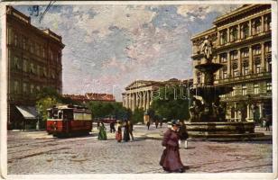 1917 Budapest VIII. Kálvin tér, Nemzeti Múzeum, villamos, szökőkút. Hausner H. Művészlevelezőlap 7014/20. (EK)