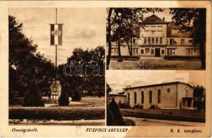 1943 Balatonfűzfő, Fűzfőgyártelep, Országzászló, Római katolikus templom, Hangya szövetkezet üzlete és saját kiadása (fl)