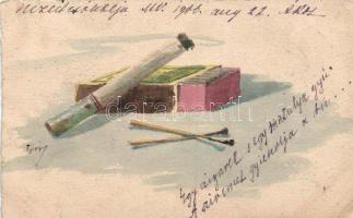 Cigarette and match, hand-printed card