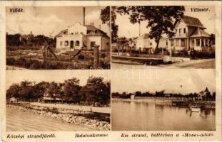 1935 Balatonkenese, villák, villasor, Községi strandfürdő, Kis strand, háttérben a MOVE üdülő + KESZTHELY - BUDAPEST 47 A vasúti mozgóposta bélyegző (EK)