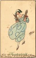 1927 Húsvéti üdvözlet / Easter greeting art postcard, lady with bunnies (b)