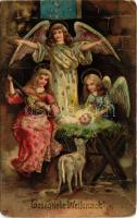 Gesegnete Weihnachten / Christmas greeting art postcard with angels. Emb. litho (lyukak / pinholes)