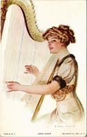 "Annie Laurie" Lady art postcard, harp. The Knapp Co. H. Import No. 304-1. s: T. Earl Christy (EK)