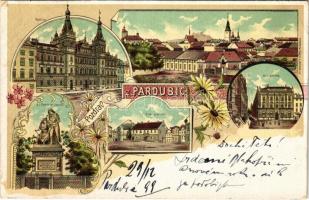 1899 (Vorläufer) Pardubice, Radnice, Obc. Zálozna, Bilé predmestí, Pomník Br. Veverkú / town hall, statue. Art Nouveau, floral, litho (EK)