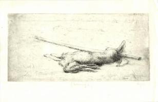 komjáti Wanyerka Gyula (1894-1958) szignált, nyulat ábrázoló rézkarc (32 x 20cm)