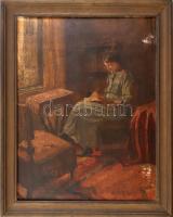Litkei jelzéssel, feltehetően 1910-40 körül működött festő: Olvasó hölgy. Olaj, karton. Fakeretben. 48,5x37 cm