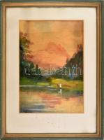 Gulyás Sándor (1889-1974): Pár tóparton. Akvarell, papír. Üvegezett, kopott fakeretben. 49x34,5 cm