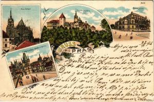 1898 (Vorläufer) Praha, Prag; Dom. St. Veit, Rudolfinum, Der Hradschin, Kleinseitner Brückenthürme / cathedral, castle, bridge towers. Art Nouveau, floral, litho (EK)