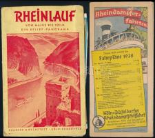 cca 1938-1950 2 db illusztrált német hajózási prospektus (rajnai gőzhajó-kirándulások menetrendje + kihajtható panorámakép), vegyes állapotban
