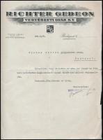 1940 Richter Gedeon Vegyészeti Gyár Rt., munkaügyi okmány, fejléces papíron, hajtásnyommal, lapszéli szakadásokkal