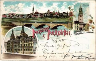 1900 Pardubice, Zelena brána, Radnice / gate, town hall. F. Hoblik Art Nouveau, floral, litho