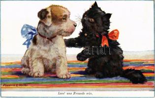 Lass uns Freunde sein / Friendship of cat and dog. Wohlgemuth & Lissner No. 2556. s: F. E. Valter