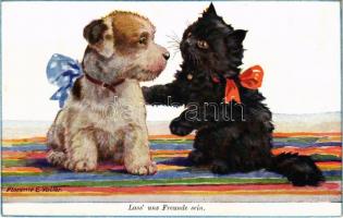 Lass' uns Freunde sein / Friendship of cat and dog. Wohlgemuth & Lissner No. 2556. s: F. E. Valter