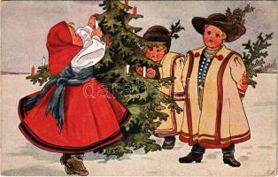 1916 Karácsonyi üdvözlet! Magyar folklór művészlap / Hungarian folklore art postcard with Christmas greeting (ázott sarok / wet corner)