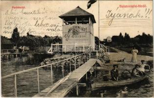 1912 Balatonlelle-fürdő, part, Jó szerencsét! bányász fürdőkabin. Wollák József utódai kiadása (EK)