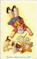 Anyukám a kutyusnak is enni kell! / Children art postcard, girl with dog, humour
