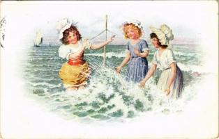1911 Girls on the beach. Children art postcard. B.K.W.I. 567-14. s: J. Kränzle (EB)