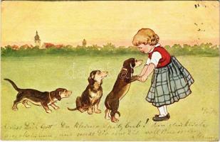 1904 Children art postcard, girl with Dachshund dogs. B.K.W.I. 763-2. (EB)