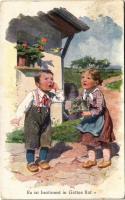 1919 Es ist bestimmt in Gottes Rat / Children art postcard, girl and boy. B.K.W.I. 502-2. (EB)