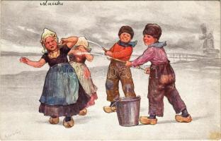 1910 Children art postcard, girls and boys, humour. B.K.W.I. 496-3. s: K. Feiertag (ragasztónyom / glue mark)