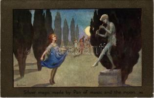 1919 Silver magic made by Pan of music and the moon Children art postcard. C.W. Faulkner & Co. Series 1347. s: Barham (EK)