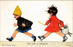 1928 Nur nicht so stürmisch / &quot;Not so forward, please!&quot; Children art postcard s: Chicky Spark