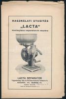 cca 1930 Használati utasítás Lacta kézi hajtású separátorok részére, 15p