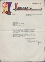 1933 Bp., Koreska V. Vegyileg Kikészített Papír- és Papíráruk fejléces levélpapírjára írt levél