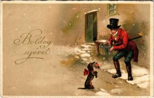 1931 Boldog Újévet! / New Year greeting art postcard with Dachshund dog (EK)