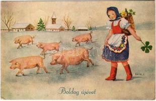 Boldog Újévet! / New Year greeting art postcard with pigs, Hungarian folklore s: Bacsa J. (EK)