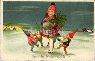 1938 Herzliche Neujahrsgrüße! / New Year greeting art postcard with dancing dwarves. BEGRO Serie 8467. (EB)