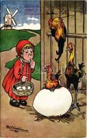 1908 Kellemes húsvéti ünnepeket! / Easter greeting art postcard with giant egg, windmill, humour. Raphael Tuck & Sons Oilette Postcard 1245. s: Shepheard (EK)