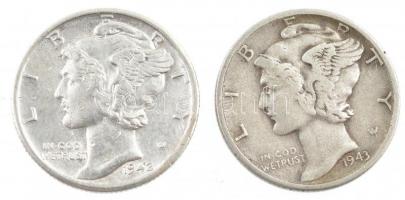 Amerikai Egyesült Államok 1942-1943. 1d Ag "Mercury" (2xklf) T:2,2- USA 1942-1943. Dime Ag...