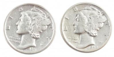Amerikai Egyesült Államok 1941-1942. 1d Ag "Mercury" (2xklf) T:2- USA 1941-1942. Dime Ag &...