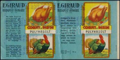 E. Giraud Budapest Hingrie pulykasült címke, hátoldalon kézírással, mely átüt az eredeti oldalra, hajtott